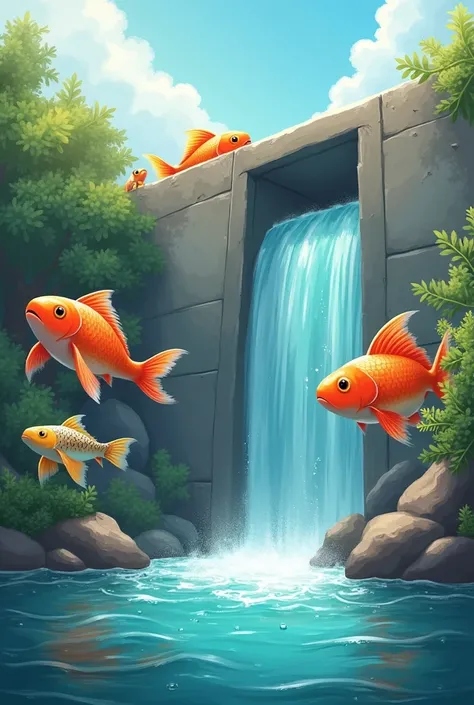 I&#39;m trying to make a cover for a picture book. Please make a cover with a picture of fish hiding behind a dam.