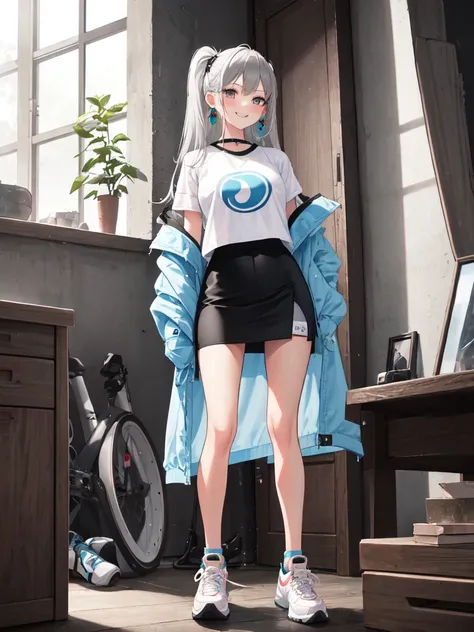 One girl, High resolution, Best Quality, Ultra high definition, Gray Hair, Hime cut, Gal, Slender, A seductive smile, Baggy light blue jersey, Miniskirt, Big sneakers, Earrings, Landmine fashion, Pastel colors, 