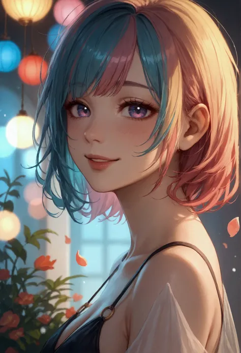 score_9, score_8_up, score_7_up, (masterpiece, ultra detailed), sfw, portrait, 1girl, :d, smiling, tongue out, colorful hair, multiple colored hair, v posed hand, cleavage, (Soft bokeh:1.2),Create a portrait of a young Japanese woman with a calm and charmi...