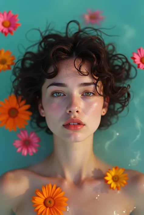 Beautiful short curly hair caucasian woman is floating in the ocean surrounded by colorful flowers, soft-focus technique, y2k aesthetic, intense gaze, cyan and amber, lovely, soft, blended colors detailed facial features, cinematic colors, intense gaze, di...