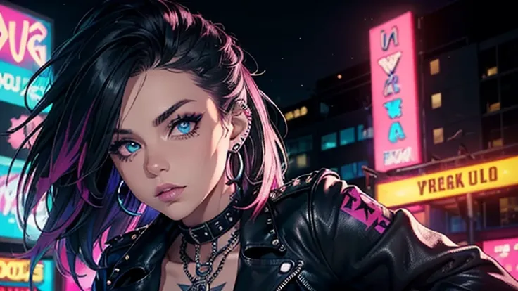 (a punk rock girl, Bold style, rock and roll sign),  The best quality, ((graffiti background, concert atmosphere, vibrant colors, dramatic lighting, Depth of field, cinematic light, unfocused)), ((look at the viewer)), (without people in the background: 1....