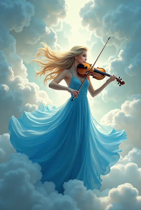 This image shows a woman playing the violin.. She wore a flowing blue dress and had long blonde hair that blew in the wind.. The background looks like an abstract representation of a sky with clouds., giving an ethereal feel to this scene.