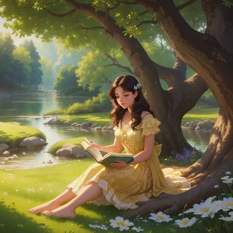 painting of a woman reading a book in a park by a river, beautiful character painting, detailed painting 4 k, reading under a tree, beautiful digital painting, realistic cute girl painting, realistic fantasy painting, beautiful digital artwork, storybook a...