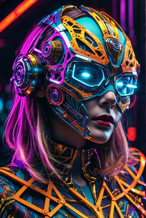 a fashion model wearing a futuristic exo-skeleton mask, vibrant colors, teenage aesthetic, highly detailed, cinematic lighting, ...