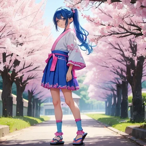 petite teenage fem boy  with blue hair in a ponytail, blue eyes, wearing cute feminine a full pink hakama , silky pink frilly kariginu with... with cherry blossom embroidery and pink short skirt With extra frills. It feels so... breezy. Pink stockings and ...