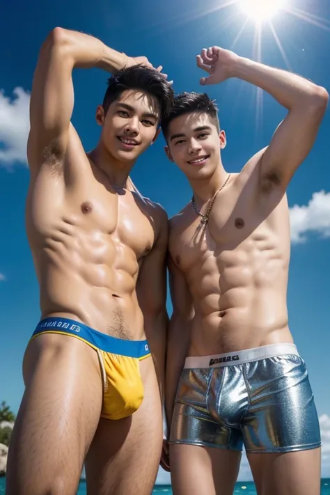 ((Best Quality)), ((masterpiece)), Under the blue sky,Two teenage boys,Gold bikini and silver trunks,Large crotch bulge,Armpit hair,Smiling and putting one&#39;s arm around the other,Accurate,realism