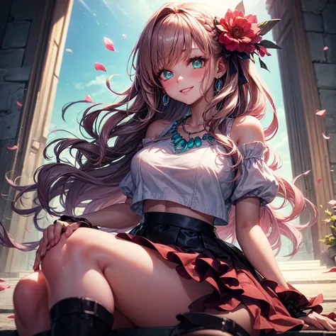 A beautiful girl sitting on some steps with pink flowers falling in front of her, anime girl, white crop top, ruffled crop top, short sleeves, off the shoulder, pink ruffled mini skirt, white socks, knee high socks, pink goth shoes, gothic shoes, dark brow...