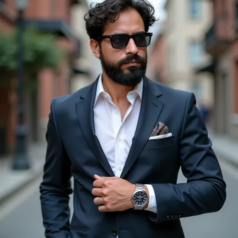 A stylish 3 man with light brown skin, a neatly groomed beard, and wearing sleek sunglasses. He is dressed in an elegant, modern outfit, featuring a tailored, deep navy-blue suit with a slim fit. The shirt underneath is crisp white, slightly unbuttoned at ...