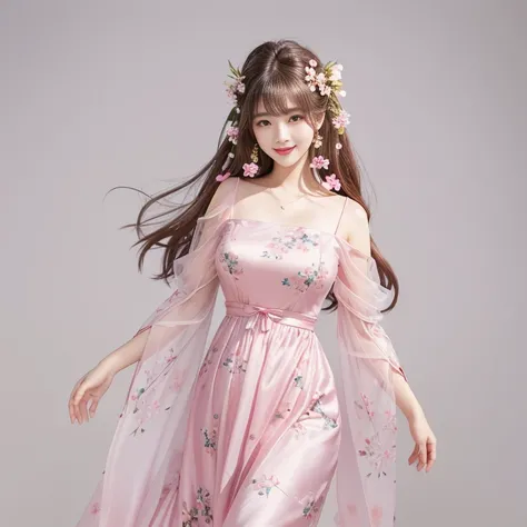  laughing out loud，The background is grassland，plump breasts, [girl, aestheticism, Wearing a pink floral dress, Flowing cherry blossom colored silk, flowing cherry blossom silk, voile dress, translucent dress, Wearing a pink dress, Sha Xi, Wearing a long f...