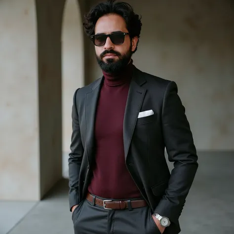 A 3 man with light brown skin and a well-groomed beard, wearing stylish sunglasses. He is dressed in a perfectly tailored, dark charcoal suit with a subtle sheen, paired with a deep burgundy turtleneck for a sophisticated yet modern look. His accessories i...