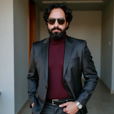 A 3 man with light brown skin and a well-groomed beard, wearing stylish sunglasses. He is dressed in a perfectly tailored, dark charcoal suit with a subtle sheen, paired with a deep burgundy turtleneck for a sophisticated yet modern look. His accessories i...