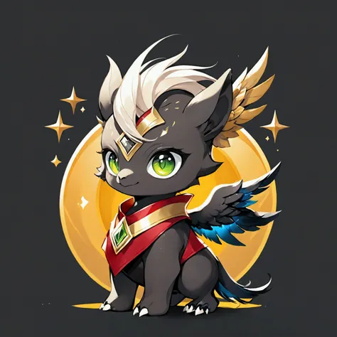 a small baby hippogriff that is black ,white, red and gold, that his snake eyes and that he is looking frontally so that it is for a mascot logo and the tex logo 