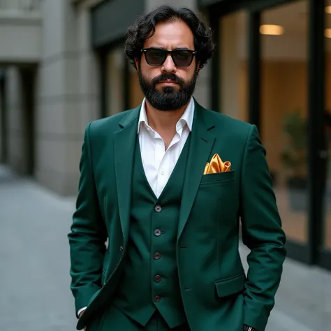 A 3 man with light brown skin, a neatly groomed beard, and wearing stylish black sunglasses. He is dressed in an elegant, tailored three-piece suit in a rich emerald green, with a crisp white dress shirt and a silk pocket square in deep gold tucked into hi...