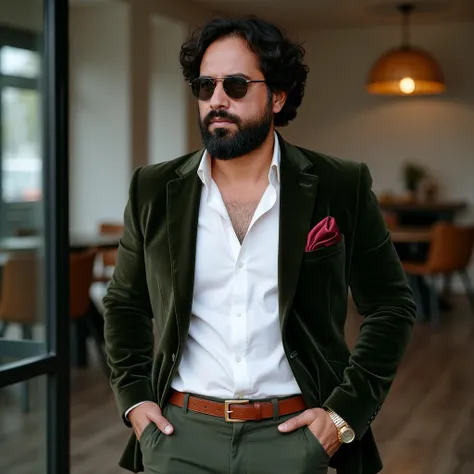 A 3 man with light brown skin, a perfectly groomed beard, and stylish aviator sunglasses. He is dressed in a luxurious, tailored, dark olive green velvet blazer paired with a crisp white dress shirt, slightly unbuttoned at the collar for a relaxed yet soph...