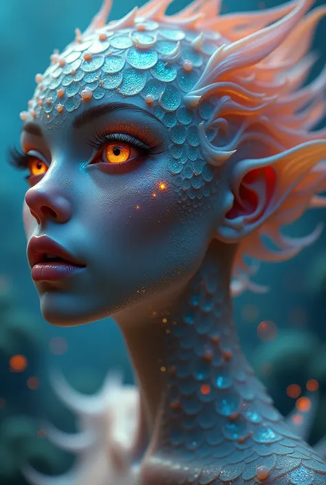 beautiful detailed eyes, beautiful detailed lips, extremely detailed eyes and face, long eyelashes, 1 fish girl with a human face, human body, lips, eyes, nose, human ear, scaly skin, gills, cosmic hues in color, full body image, anime style, (best quality...