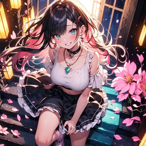 A beautiful girl sitting on some steps with pink flowers falling in front of her, anime girl, white crop top, ruffled crop top, short sleeves, off the shoulder, pink ruffled mini skirt, white socks, knee high socks, pink goth shoes, gothic shoes, dark brow...