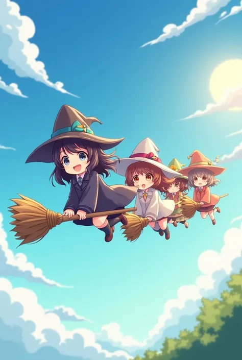 Two cute girl witches and two cute elementary school girls flying in the sky on broomsticks