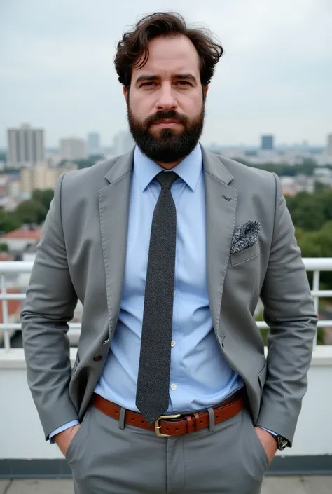 a white man, muscle shirt, 3, with the beard perfectly outlined, poses with a refined style in keeping with the year 2014. He is wearing a light grey fitted suit.., with a pastel blue shirt and a narrow dark grey knitted tie, reflecting the trends of that ...