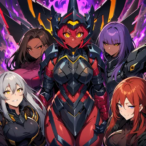 anime, high detailed, multiple womans, mature womans, black ebony mecha armor, large mechanical wings, evil grin, large clawed g...