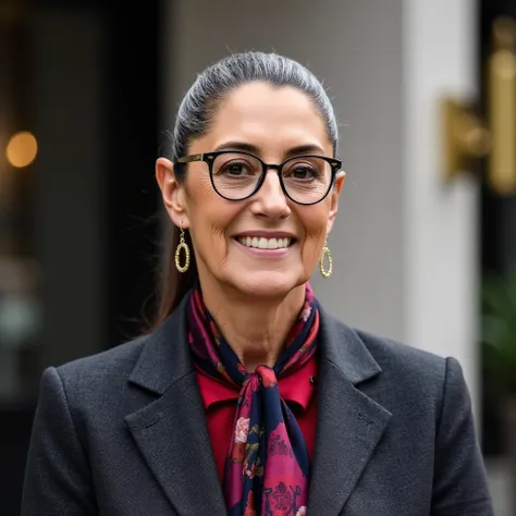 A 6 woman with light brown skin and neatly styled, chin-length silver-gray hair, radiating elegance and confidence. She is dressed in a tailored, charcoal gray blazer with a high-end silk scarf in rich jewel tones draped around her neck. Her look is comple...