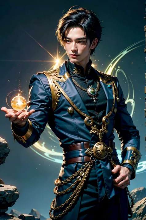 fortune teller, Handsome man，30 years old,Short hair， Extend a glowing sphere, Asian, Lightning flashes from his fingers, Spring garden as background, sunlight, Mood is working, firmness，Sexy and charming, [UTIL, smart, character design.love realized,clean...