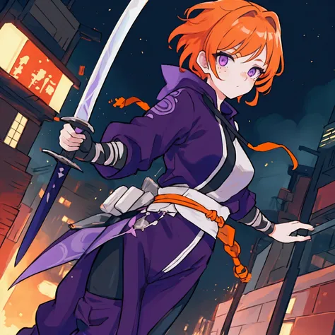 woman short orange hair, She is white with freckles and violet eyes, running through the city at night with a sword, wearing ninja style clothing