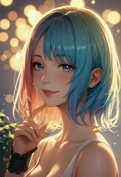 score_9, score_8_up, score_7_up, (masterpiece, ultra detailed), sfw, portrait, 1girl, :d, smiling, tongue out, colorful hair, multiple colored hair, v posed hand, cleavage, (Soft bokeh:1.2),Create a portrait of a young Japanese woman with a calm and charmi...