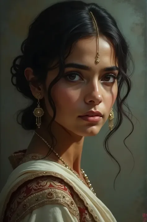 

2. **Meera**: A portrait of Meera, the daasi, showcasing her beauty and intelligence, with a hint of concern in her eyes, reflecting her hidden secret. 9:16 ratio 

