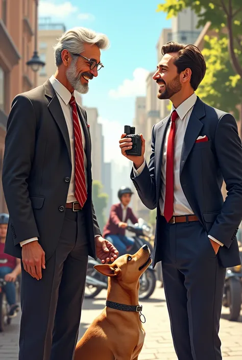 Two gentlemen talking, One is called chucho, another one recording a dog, They are on the street, A motorcycle passes by and he sits down, they start laughing 
