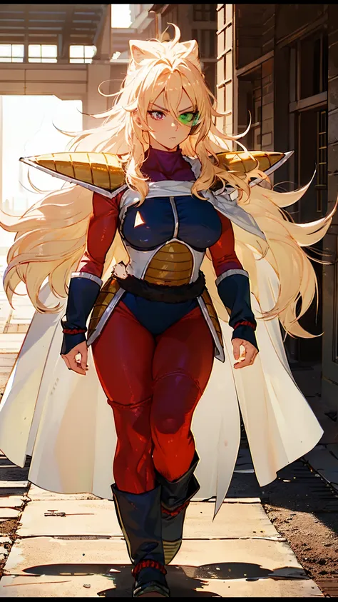 Super saiyan girl with long wavy blonde hair, epic saiyan armor, medium breasts, toned abs, serious expression, walking towards the camera, saiyan armor, tinted eyewear, saiyan Scouter, saiyan tail , mature female, extremely detailed face and body, white  ...