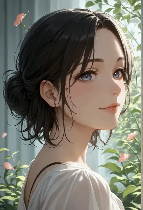 score_9, score_8_up, score_7_up,Create a portrait of a young Japanese woman with a calm and charming smile. Her eyes are deep and clear, Similar to a quiet night sky, long, Delicate eyelashes frame her gentle gaze.. The pupils are subtle, Soft glow, Like a...