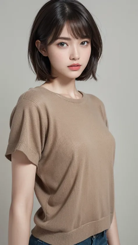 High resolution、masterpiece、Textured skin、High image quality、超High resolution、Very detailed、woman、20 years old、actress、Very short hair with bangs、Casual Fashion、Perfect Style、Ray Tracing, Background blur, solo, Simple Background, Brown eyes、