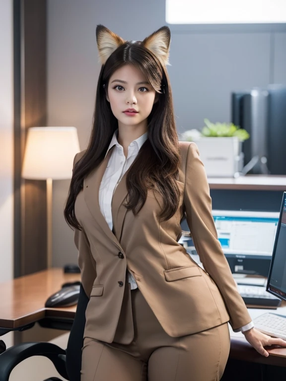 ((Best Quality, 8k)), ((masterpiece)), (Highest Resolution), Perfect Face, Woman with fox ears, Woman with a tail, Beautiful woman, She is a company employee, It was taken in the company office, Only one tail, She has thick thighs, Her big fox tail, I can ...