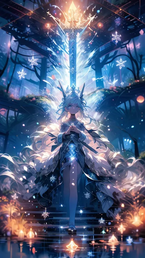 a beautiful young snow goddess in a long white dress with flowing blue accents, standing in a snowy forest, long flowing white hair billowing around her, glowing ethereal wind spirit, delicate facial features, beautiful detailed eyes, beautiful detailed li...