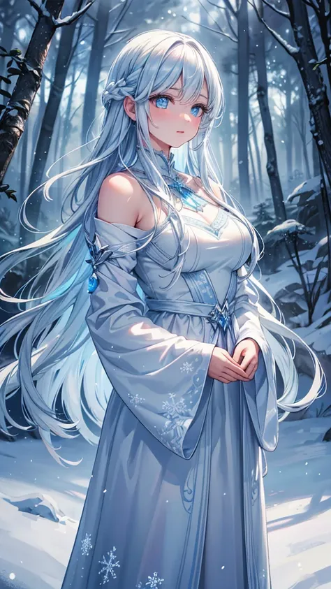 a beautiful young snow goddess in a long white dress with flowing blue accents, standing in a snowy forest, long flowing white hair billowing around her, glowing ethereal wind spirit, delicate facial features, beautiful detailed eyes, beautiful detailed li...