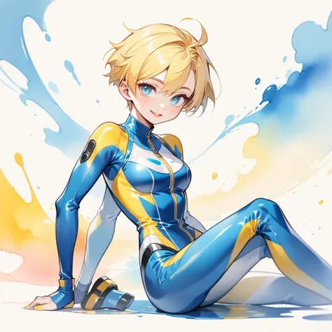 1 feminine skinny boy, Feminine face, full body, blonde pixie cut, half-closed Azure eyes. smiling with glossy lips apart, feminine breast, white Plug Suit with half-open, He is sitting Leaning back with legs together, Watercolor paint style