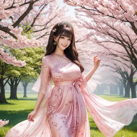  laughing out loud，The background is green trees and grassland，plump breasts, [girl, aestheticism, Wearing a pink floral dress, Flowing cherry blossom silk dress, flowing cherry blossom silk dress, voile dress, translucent dress, Wearing a pink dress, Sha ...