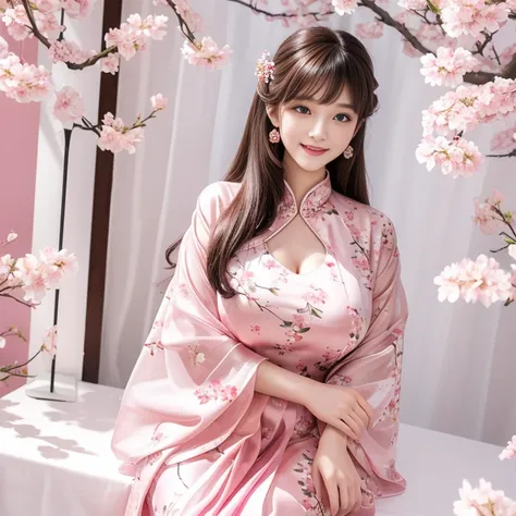  laughing out loud，Background indoors，plump breasts, [girl, aestheticism, Wearing a pink floral dress, Flowing cherry blossom silk dress, flowing cherry blossom silk dress, voile dress, translucent dress, Wearing a pink dress, Sha Xi, Wearing a long floral...