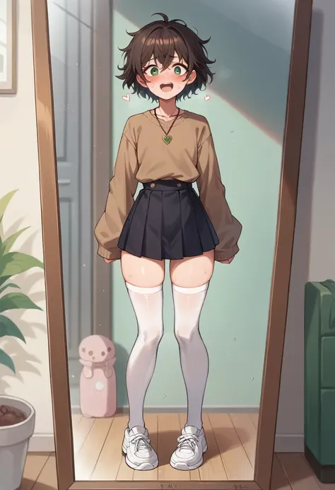 1 girl, sexy, extremely thin, pale, green eyes, small chest, marked waist, dark brown hair, short messy hair, sweat, perfect feet, small thighs, small build, having a hard time standing, necklace on the neck with heart, very blushed, looking in the mirror,...