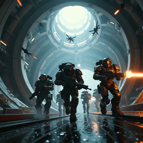 A cinematic shot of a squad of elite space marines conducting a simulated assault on an enemy stronghold within a massive, cylindrical space station. The soldiers, armed with futuristic weaponry, rappel down from a dropship as swarms of combat drones provi...