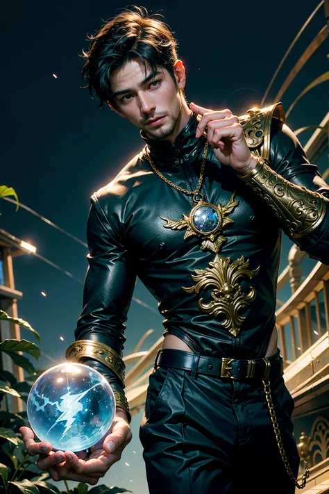 fortune teller, Handsome man，30 years old,Short hair， Extend a glowing sphere, Asian, Lightning flashes from his fingers, Spring garden as background, sunlight, Mood is working, firmness，Sexy and charming, [UTIL, smart, character design.love realized,clean...