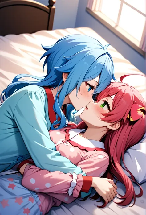 high quality、Two Girls, (Star Town Suisei、Light blue hair、blue eyes:1.1)、(Sakura Miko、Pink Hair、Green Eyes:1.1)、bed、Lie down、Embarrassed、pajamas、Embrace each other、Kiss