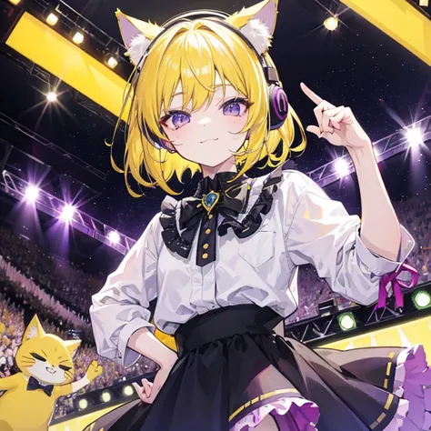 Miku Maekawa、Yellow hair and purple eyes、smug face、Cat ears headphones,Standing on stage as an idol