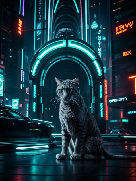 a close-up picture of a big grey cat in the futuristic cyberpunk neon tron world, cyberpunk city landscape, detailed intricate a...