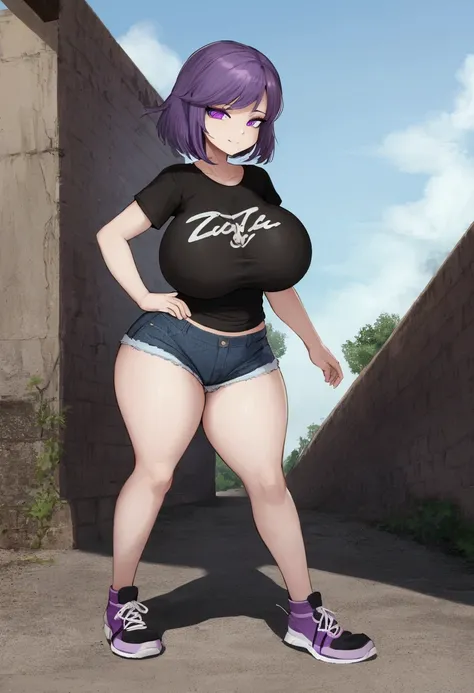 Slim girl with big hips and nice thighs and very big breasts and beautiful purple eyes and she is wearing a black t-shirt and short denim shorts and full body sneakers.