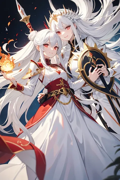 Shows up to the waist　Anime Style　One beautiful girl　White Hair　Gray Hair　White Hair　Long Hair　Red eyes　A big smile　A cheerful smile　Fantasy style black and white armor　Holds a red long sword with a flame motif　Coliseum　Ancient Europe