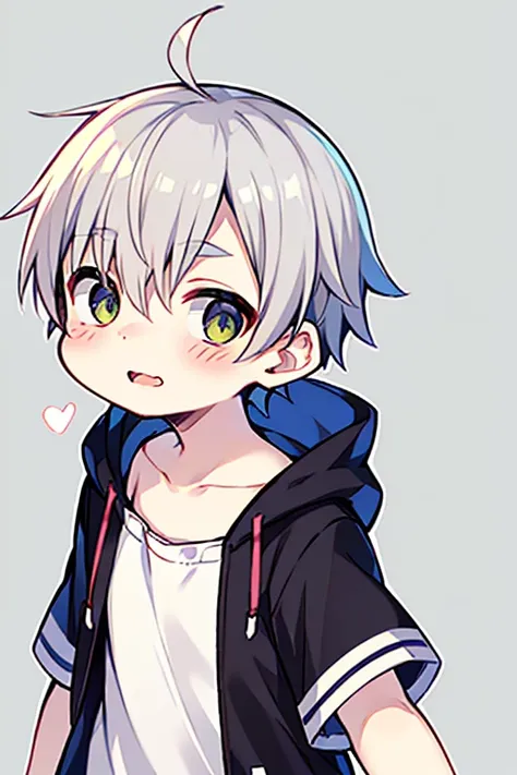 Deformed,Highest quality, (high quality),eye highlights,arms are thin, thin body,face, from side,look at viewer,droopy eyes, put your hand on your cheek,shy,blush,open your mouth and laugh,(((chilled boy))), (1 boy),(silver hair),((very short  hair)),parka...