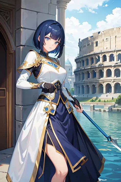 Shows up to the waist　Anime Style　One beautiful girl　Navy Blue Hair　Bob Hair　Blue eyes　Glaring at me　Fantasy-style white and blue armor　Holding a long blue spear and pointing it at me　Coliseum　Ancient Europe
