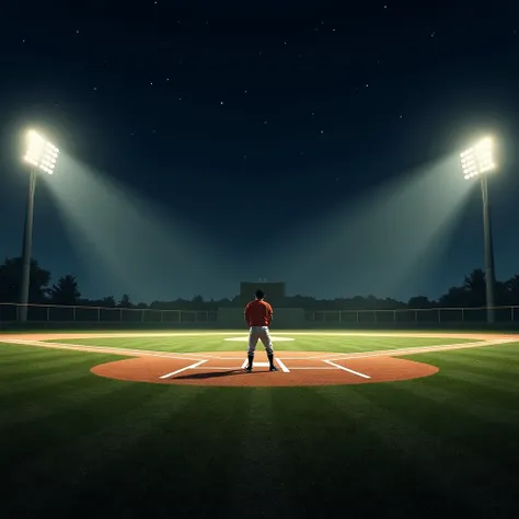 ((Best Quality)), ((masterpiece)), (detailed), A baseball field at night as seen from the batter&#39;s box