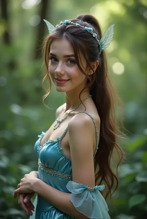 Ultrarealistic shot of a upper body portrait of an ultrarealistic young 20 year old brunette German fairy with ponytail, long fairy wings, headband, Necklace, smile. She stands playfully in front of the camera in a shiny, metallic, blue A-line satin fairy ...